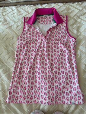 Lady Hagen Sleeveless Pink Leaf-Print Polo Tank with Magenta Collar